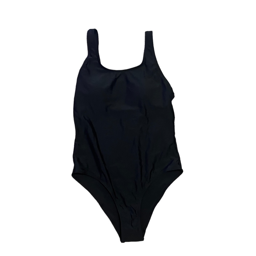 Black scoop neck solid one piece swimsuit